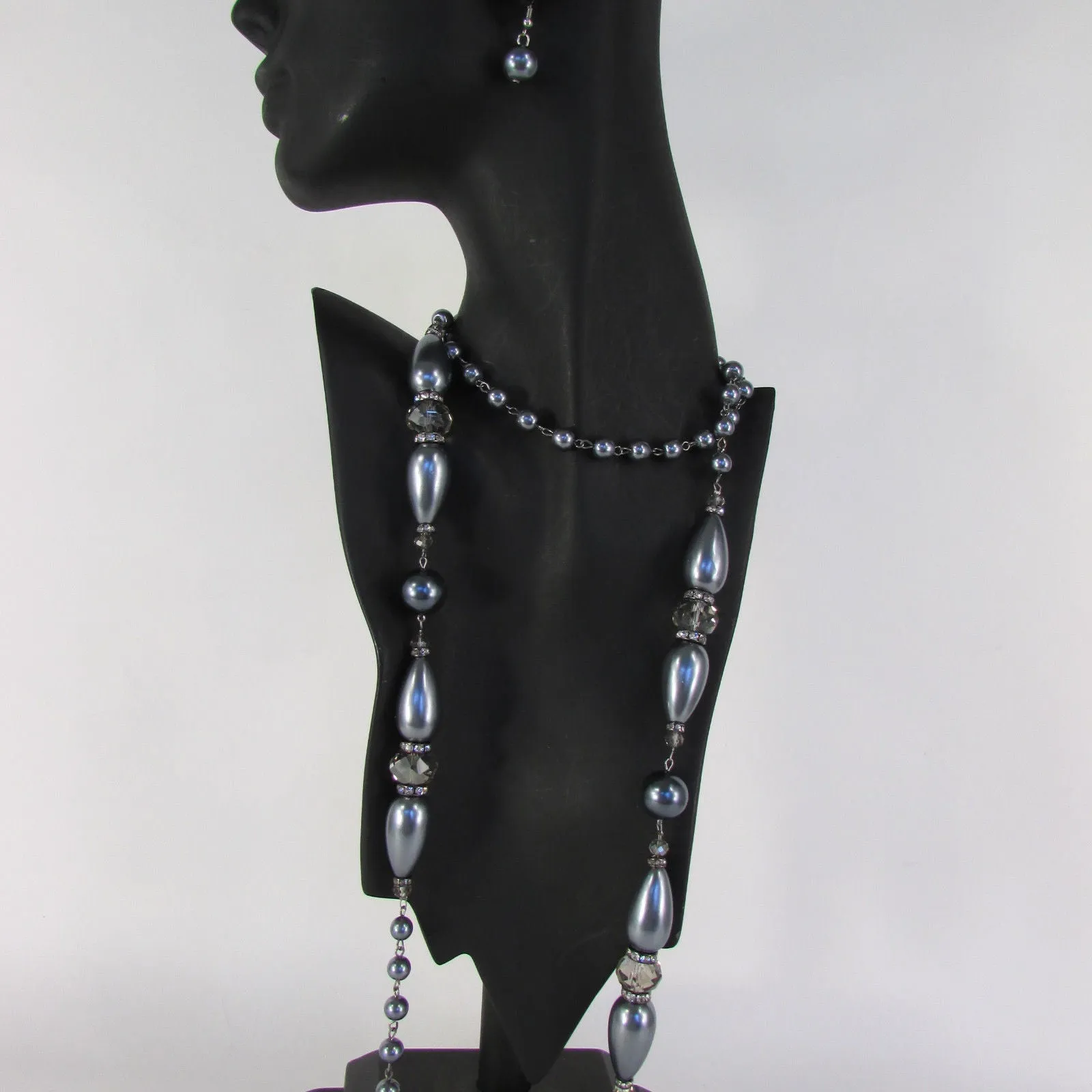 Gray Beads Beige Silver ColorSmall Imitations Pearls Long Necklace Earrings Set