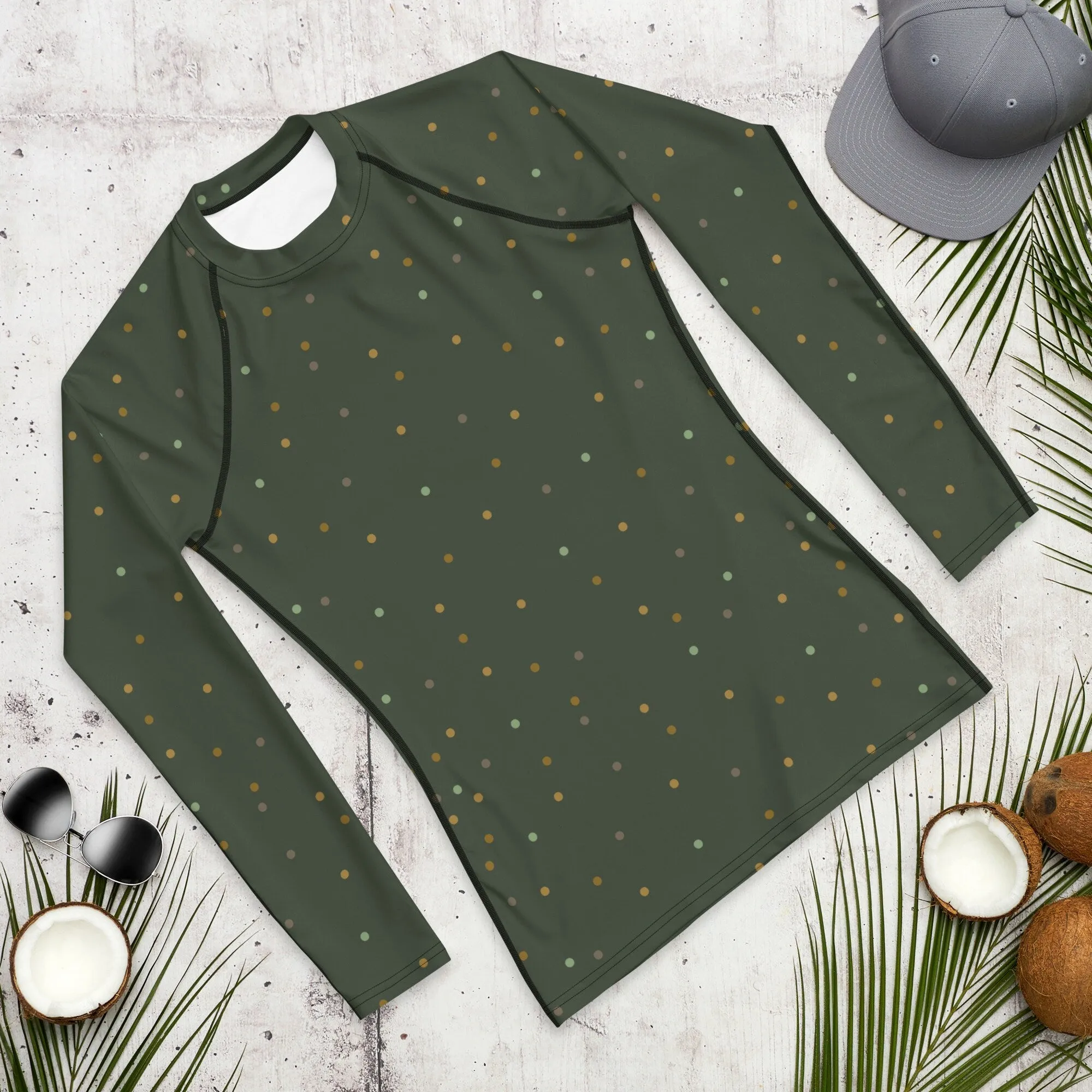 Green and Gold Polka Dot Men's Long Sleeve Rash Guard