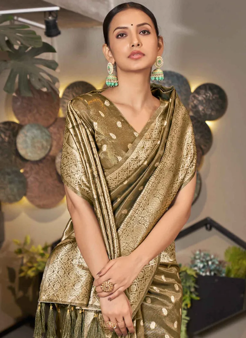 Green Golden Jacquard Silk Festive Saree