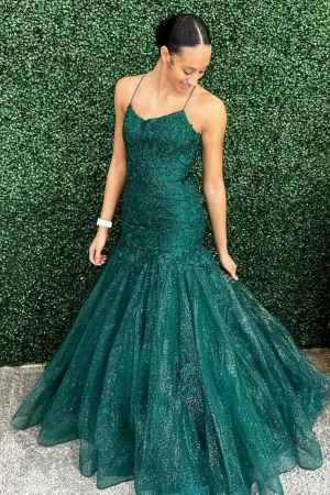 Green Mermaid Lace Applique Long Prom Dress Elegant Evening Dress SH821