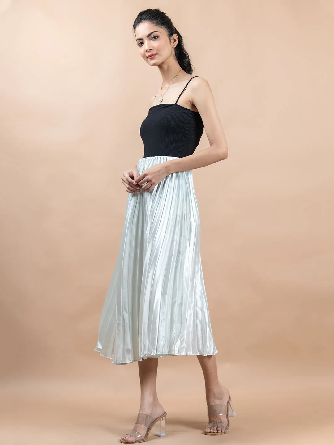 Greenish White Flared Skirt with Accordion Pleats