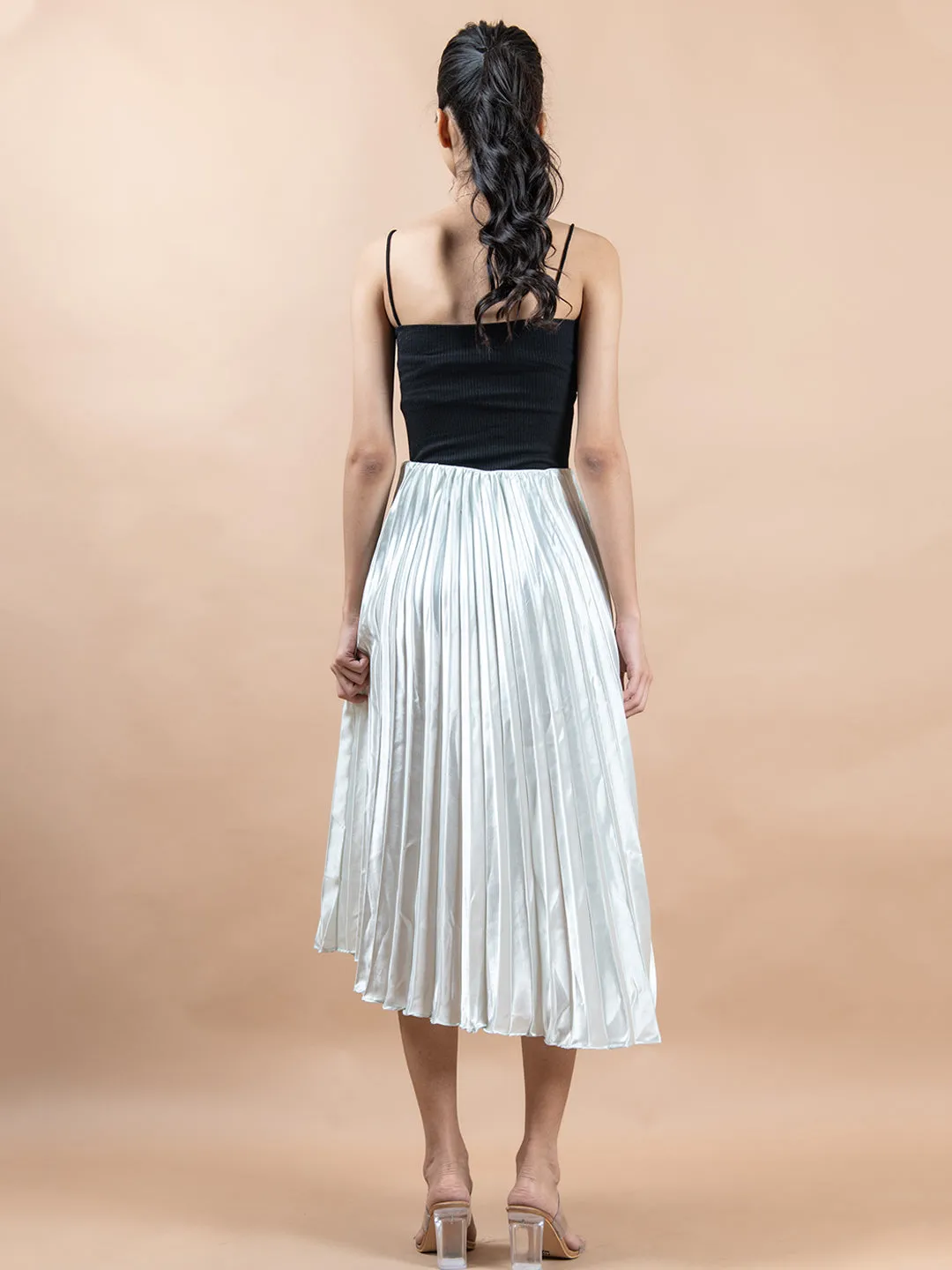 Greenish White Flared Skirt with Accordion Pleats