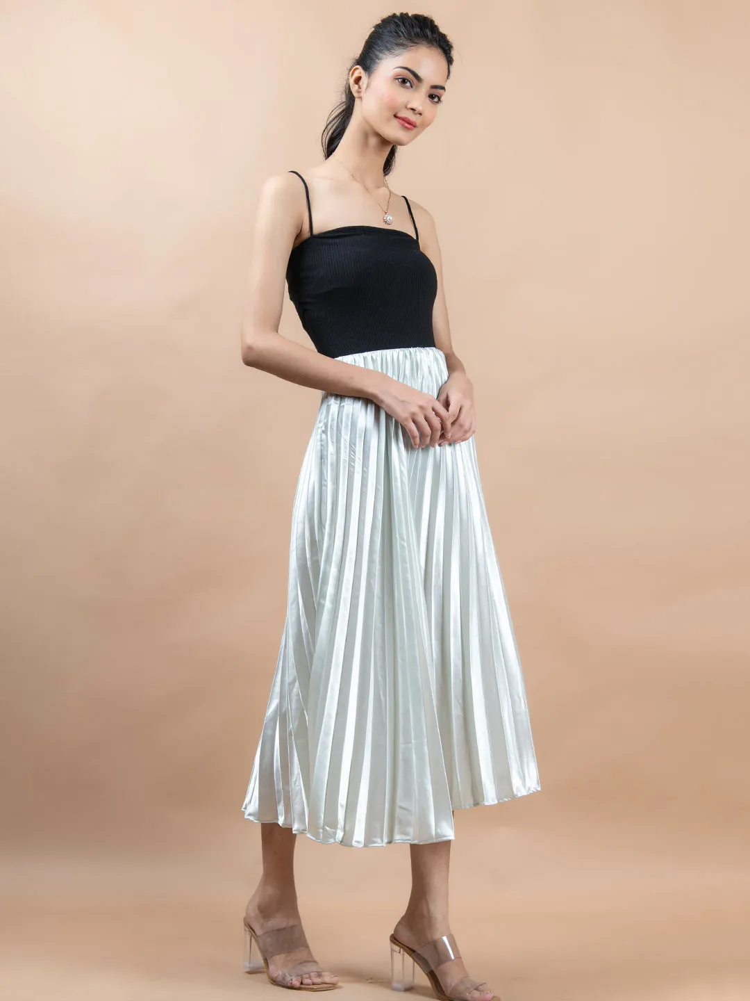 Greenish White Flared Skirt with Accordion Pleats
