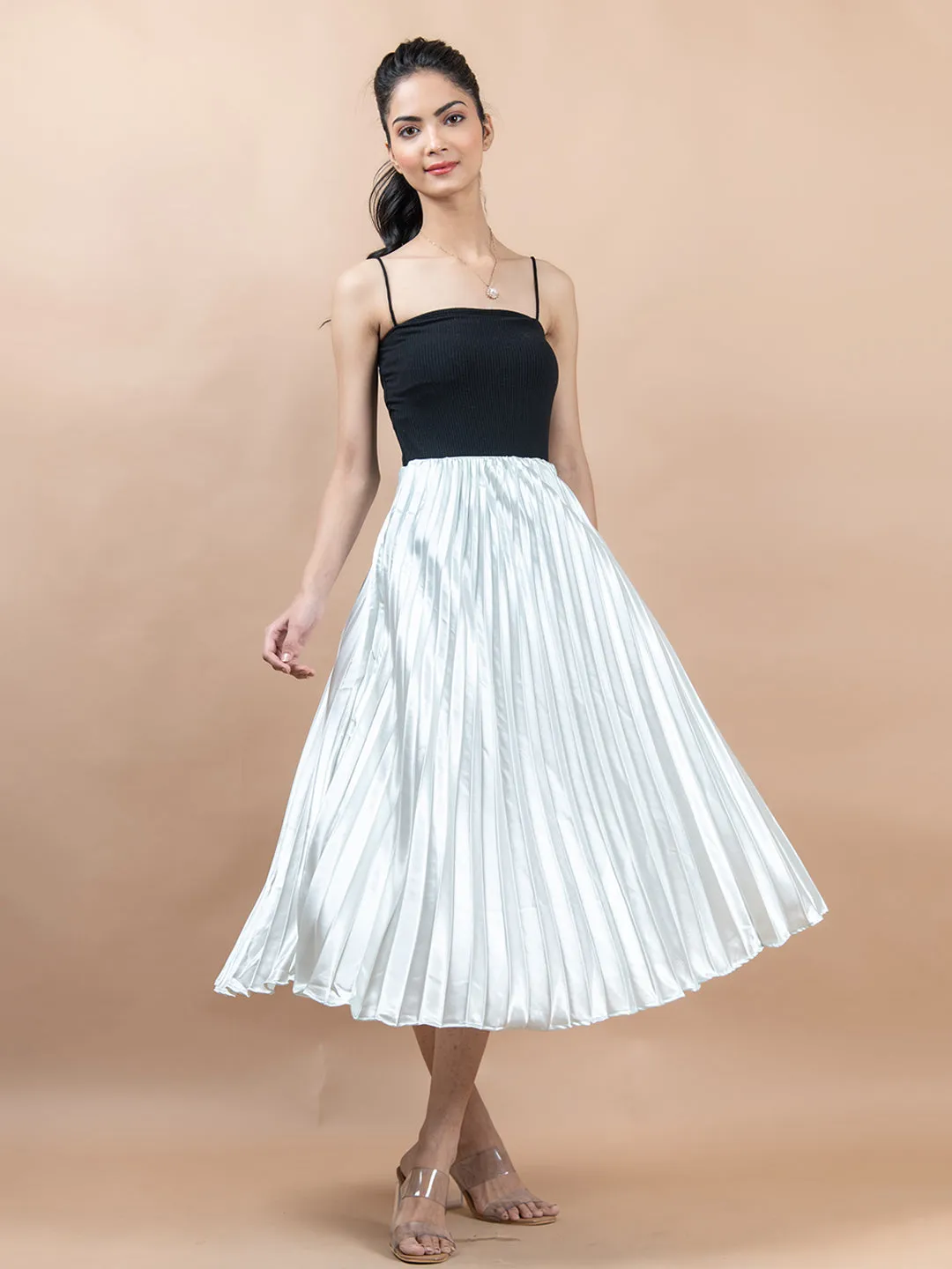 Greenish White Flared Skirt with Accordion Pleats