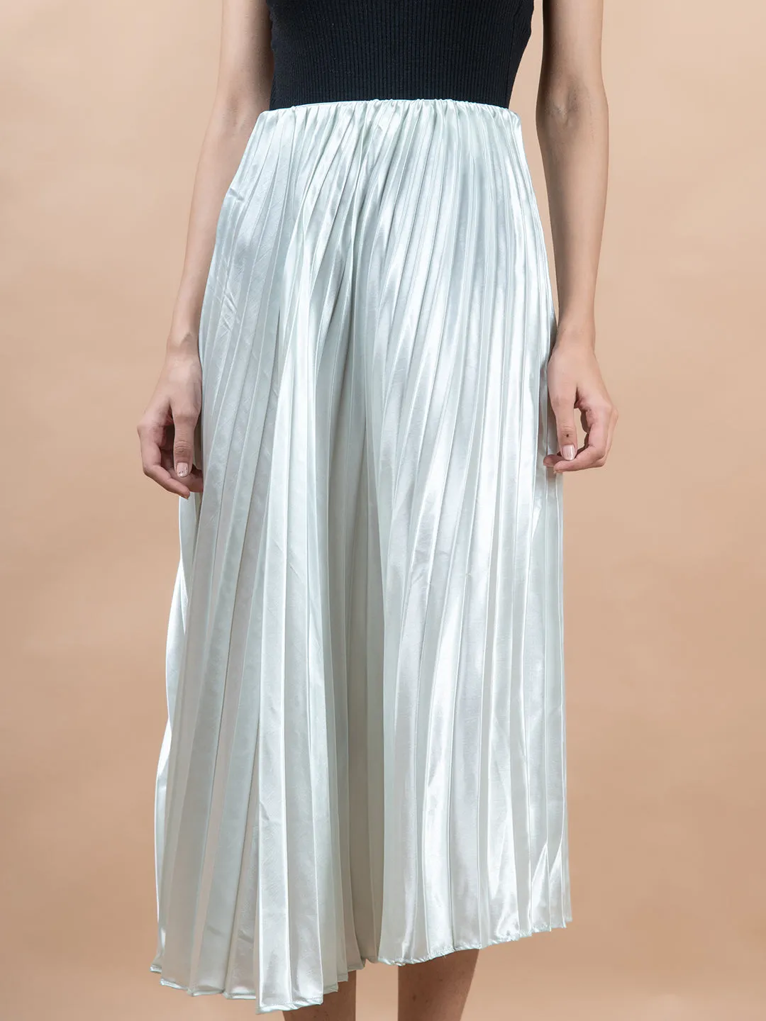 Greenish White Flared Skirt with Accordion Pleats