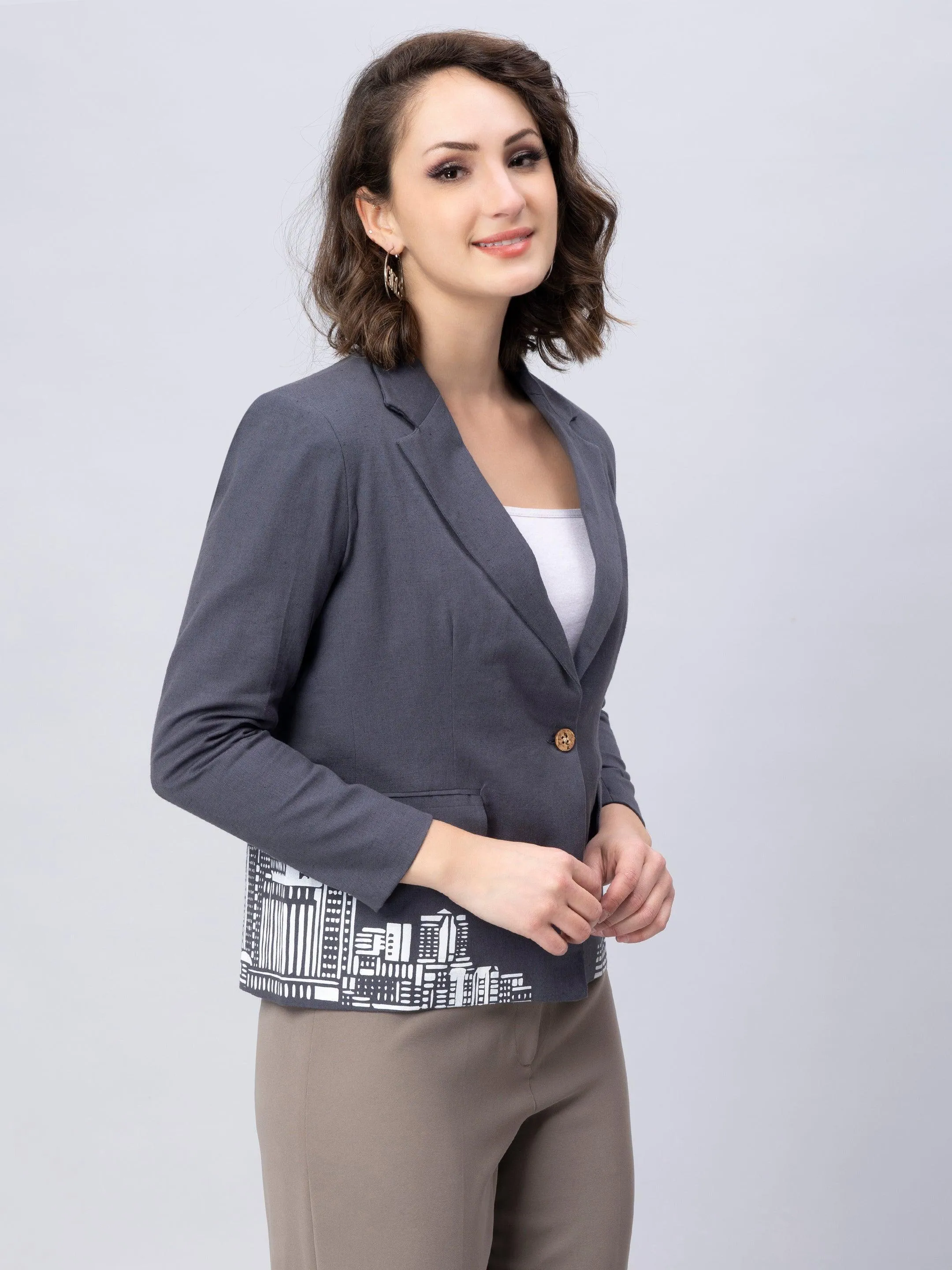 Grey Cotton Single Breasted Blazer: Casual Elegance Refined