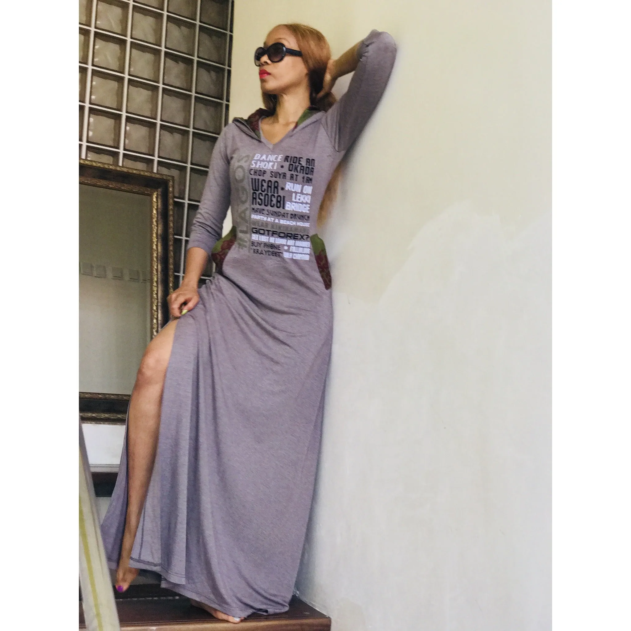 Grey Side Slit #LAGOS FAV THINGS Hooded Maxi Dress, 3/4 Sleeved
