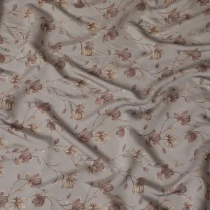 Grey Synthetic blended cotton fabric with brown, olive and gold foil print in floral design-D16734