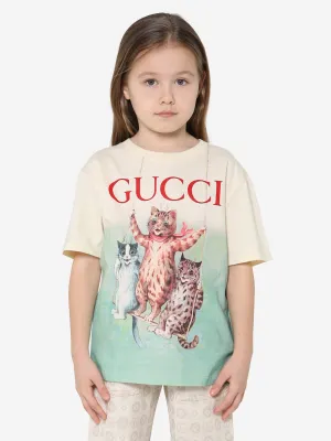 Gucci Girls Cat Print T-Shirt in Ivory