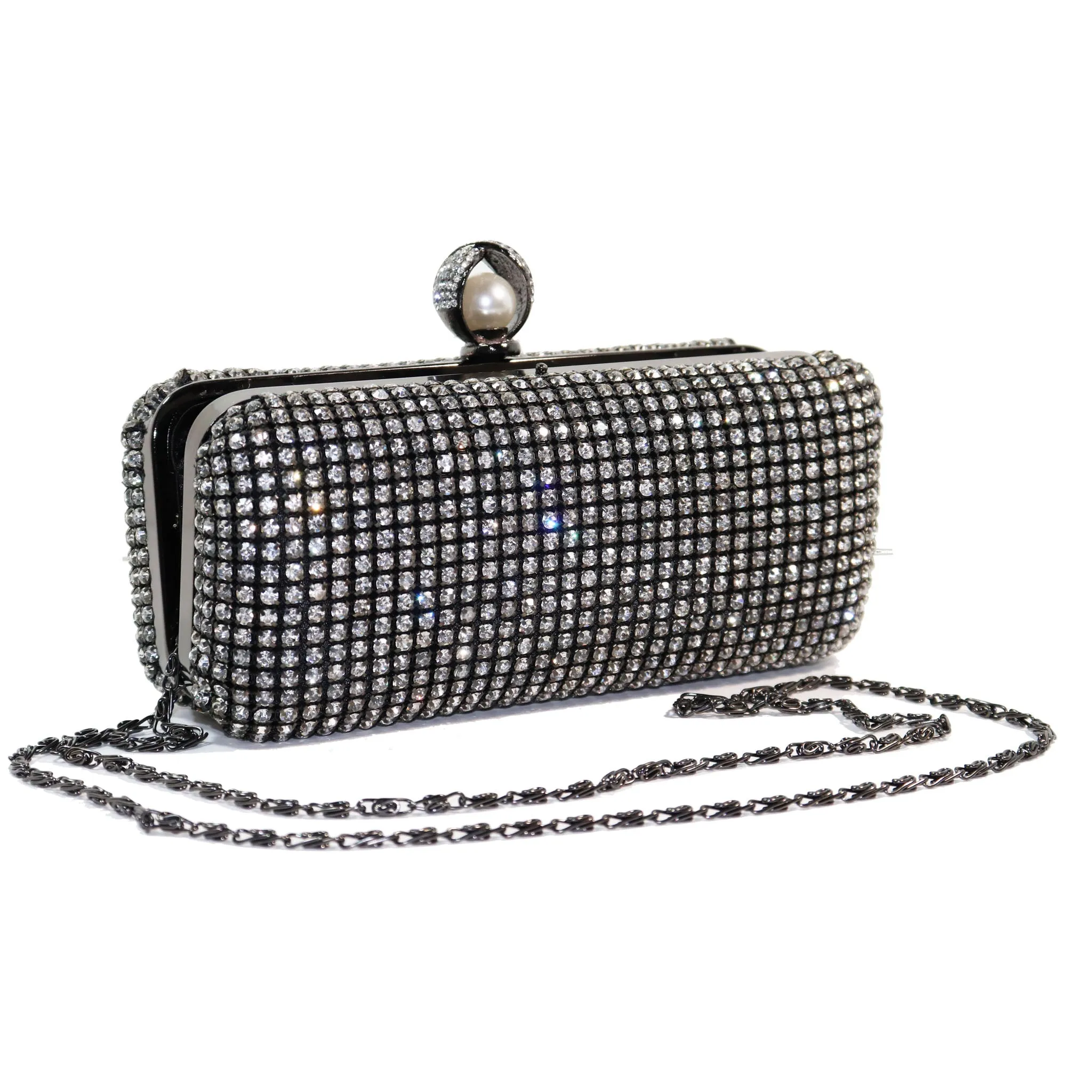 Gunmetal and Rhinestone Clutch with Pearl Clasp
