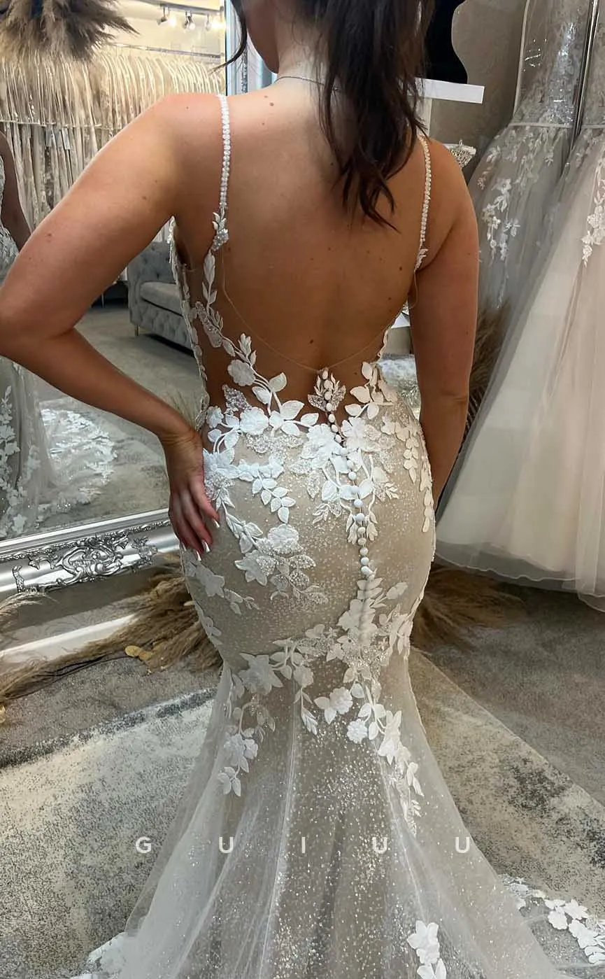 GW858 -  Deep V Neck Straps Appliques Backless Mermaid Boho Wedding Dress with Slit
