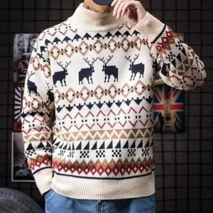 Half-High Collar Reindeer Thickened Straight Cut Knitted Sweater