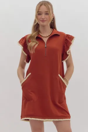 Half Zip Collared Ruffle Sleeve Dress