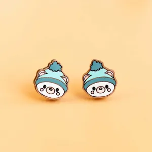 Hand-painted Christmas Polar Bear with Blue Hat Wooden Earrings - PEL10338