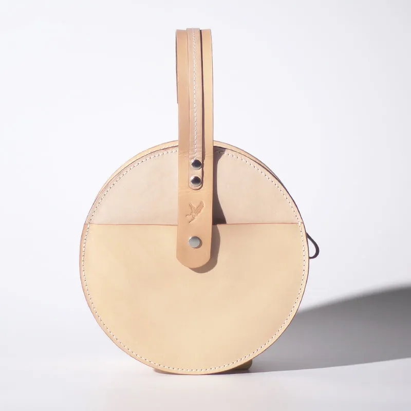 Handmade Beige Leather Circle Crossbody Bag - Elegant Round Purse