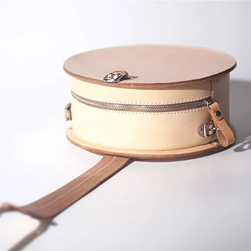 Handmade Beige Leather Circle Crossbody Bag - Elegant Round Purse