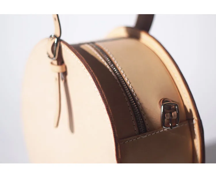 Handmade Beige Leather Circle Crossbody Bag - Elegant Round Purse
