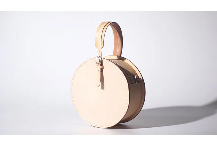 Handmade Beige Leather Circle Crossbody Bag - Elegant Round Purse