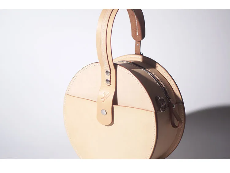 Handmade Beige Leather Circle Crossbody Bag - Elegant Round Purse
