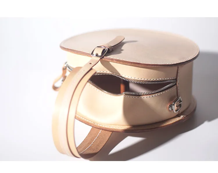 Handmade Beige Leather Circle Crossbody Bag - Elegant Round Purse