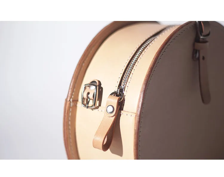 Handmade Beige Leather Circle Crossbody Bag - Elegant Round Purse