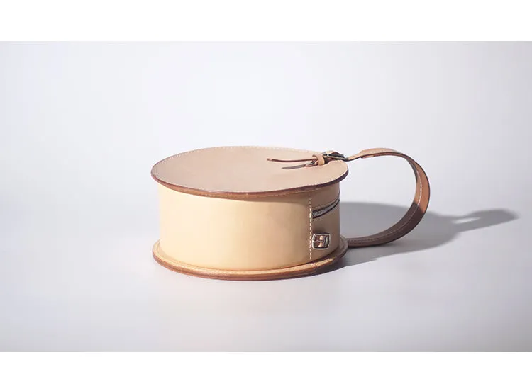 Handmade Beige Leather Circle Crossbody Bag - Elegant Round Purse