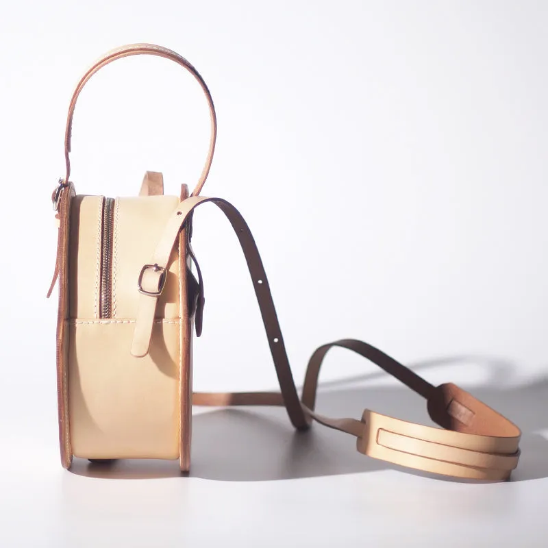 Handmade Beige Leather Circle Crossbody Bag - Elegant Round Purse