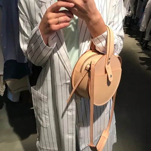 Handmade Beige Leather Circle Crossbody Bag - Elegant Round Purse