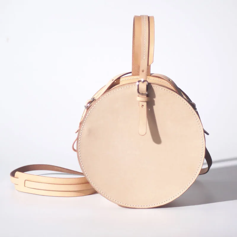 Handmade Beige Leather Circle Crossbody Bag - Elegant Round Purse