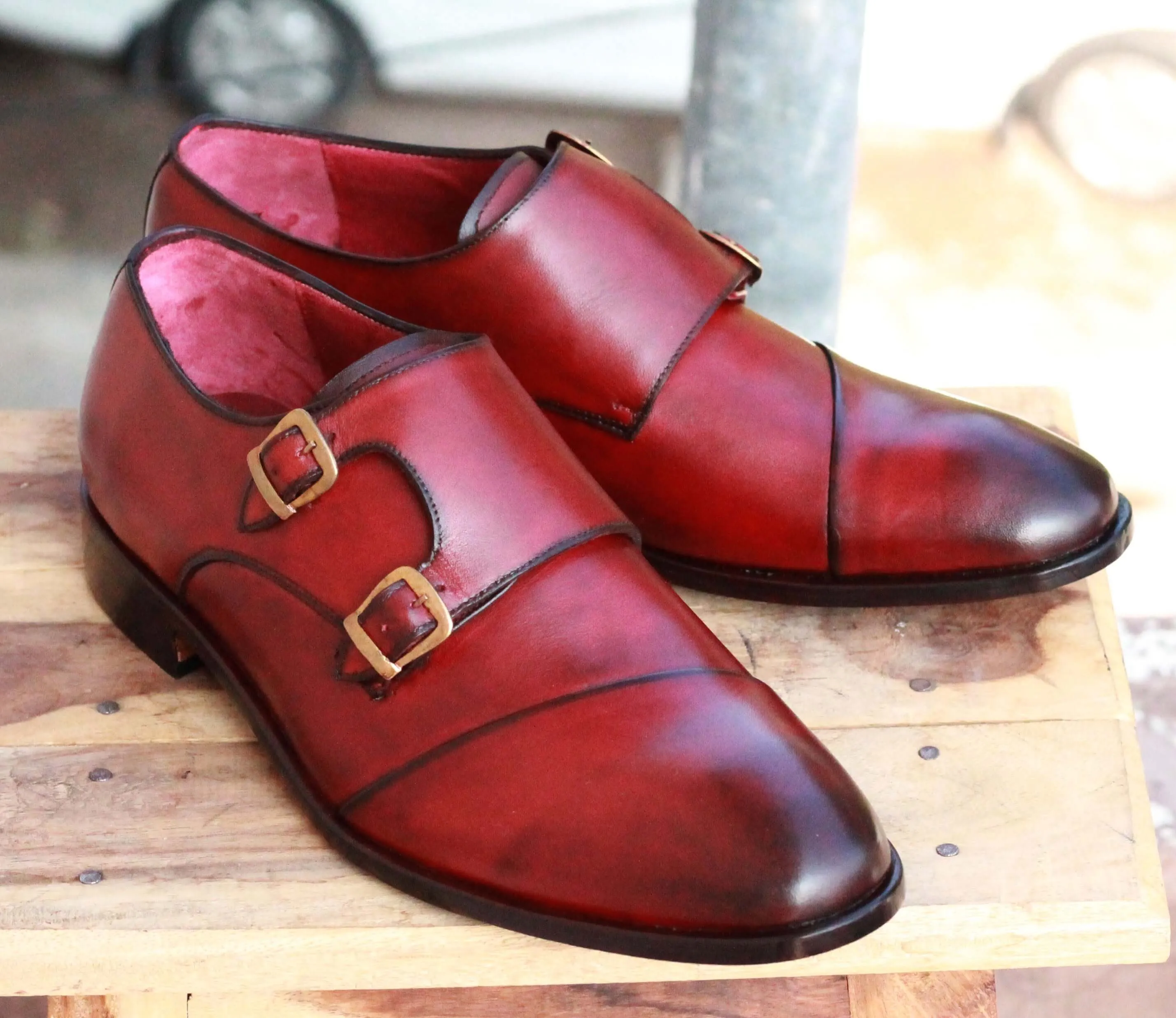 Handmade Men's Burgundy Wing Tip Leather Double Monk Strap Shoes, Men Designer Dress Formal Shoes