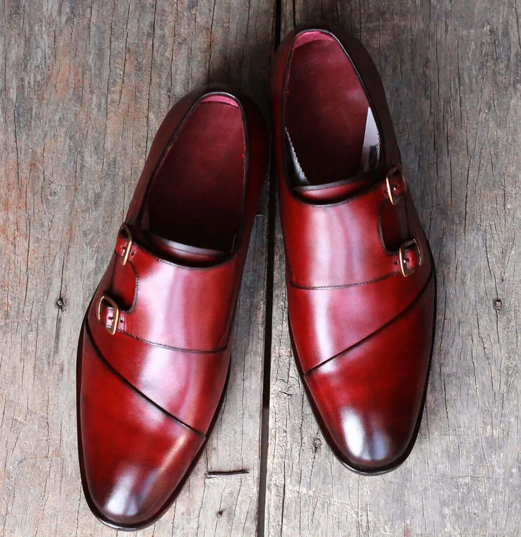 Handmade Men's Burgundy Wing Tip Leather Double Monk Strap Shoes, Men Designer Dress Formal Shoes