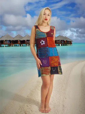 Handmade Patchwork Boho Dress 100% Pre-Washed Cotton Blue Multi Color S-M-L-XL