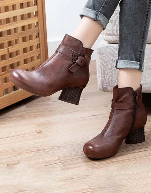 Handmade Retro Leather Ankle Strap Chunky Boots