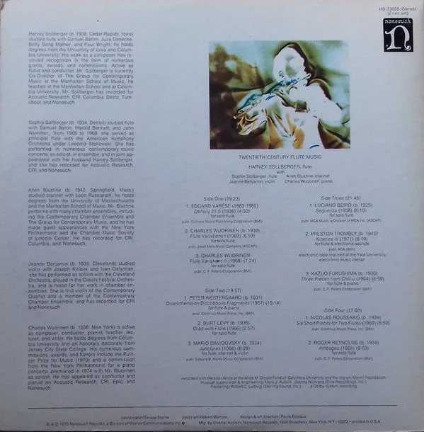 Harvey Sollberger With Charles Wuorinen, Sophie Sollberger, Allen Blustine, Jeanne Benjamin - Twentieth-Century Flute Music (Works By Berio, Davidovsky, Fukushima, Levy, Reynolds, Roussakis, Trombly, Varèse, Westergaard, Wuorinen) (2xLP) (NM or M-)
