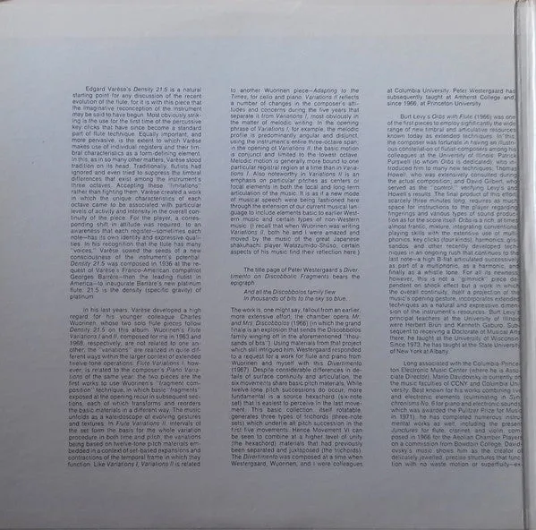 Harvey Sollberger With Charles Wuorinen, Sophie Sollberger, Allen Blustine, Jeanne Benjamin - Twentieth-Century Flute Music (Works By Berio, Davidovsky, Fukushima, Levy, Reynolds, Roussakis, Trombly, Varèse, Westergaard, Wuorinen) (2xLP) (NM or M-)