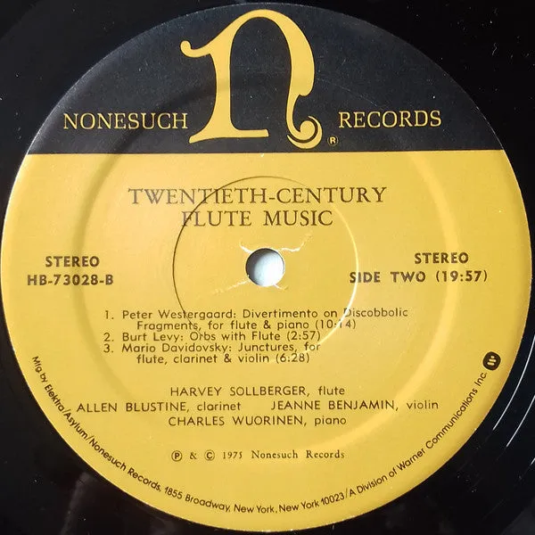 Harvey Sollberger With Charles Wuorinen, Sophie Sollberger, Allen Blustine, Jeanne Benjamin - Twentieth-Century Flute Music (Works By Berio, Davidovsky, Fukushima, Levy, Reynolds, Roussakis, Trombly, Varèse, Westergaard, Wuorinen) (2xLP) (NM or M-)