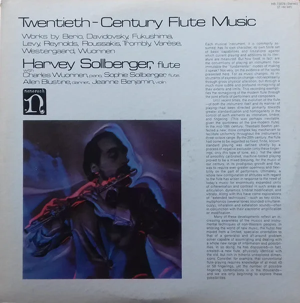 Harvey Sollberger With Charles Wuorinen, Sophie Sollberger, Allen Blustine, Jeanne Benjamin - Twentieth-Century Flute Music (Works By Berio, Davidovsky, Fukushima, Levy, Reynolds, Roussakis, Trombly, Varèse, Westergaard, Wuorinen) (2xLP) (NM or M-)