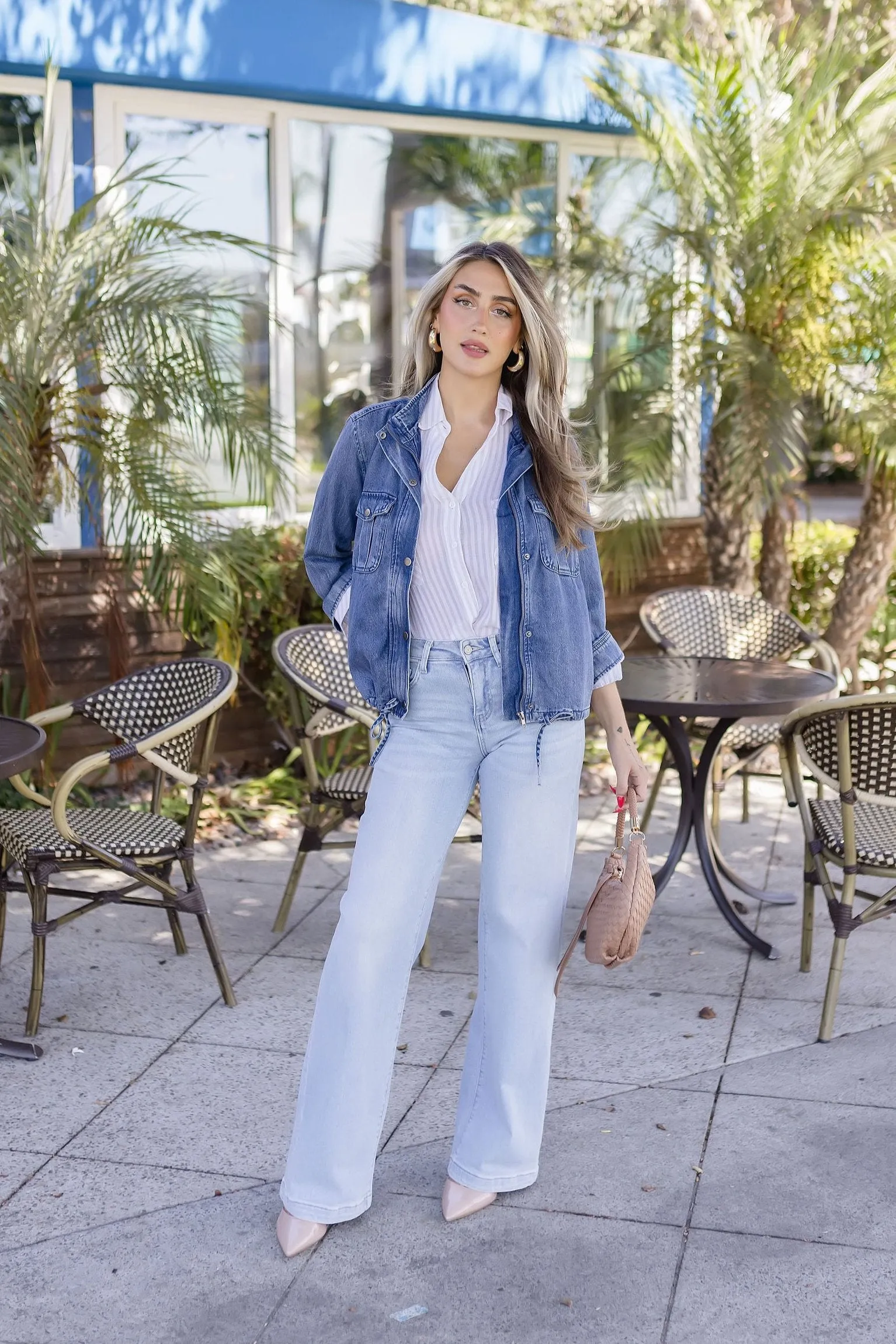 Hazel Long Sleeve Drawstring Utility Denim Jacket Medium Wash