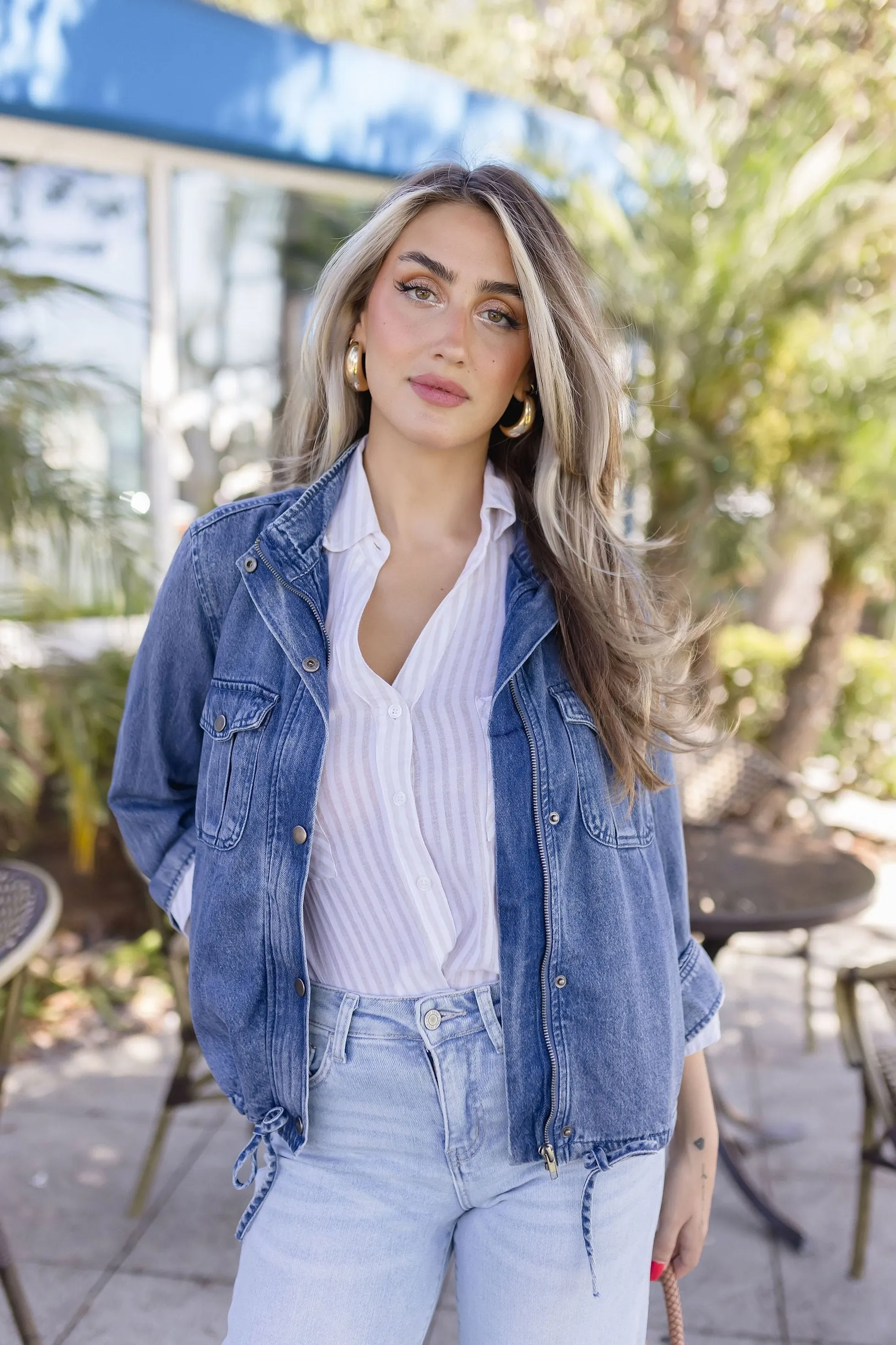 Hazel Long Sleeve Drawstring Utility Denim Jacket Medium Wash