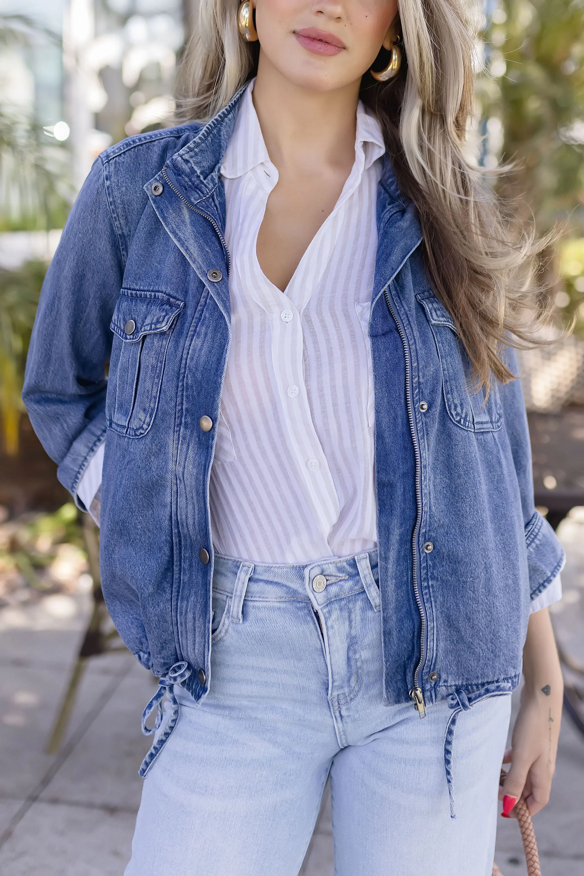 Hazel Long Sleeve Drawstring Utility Denim Jacket Medium Wash