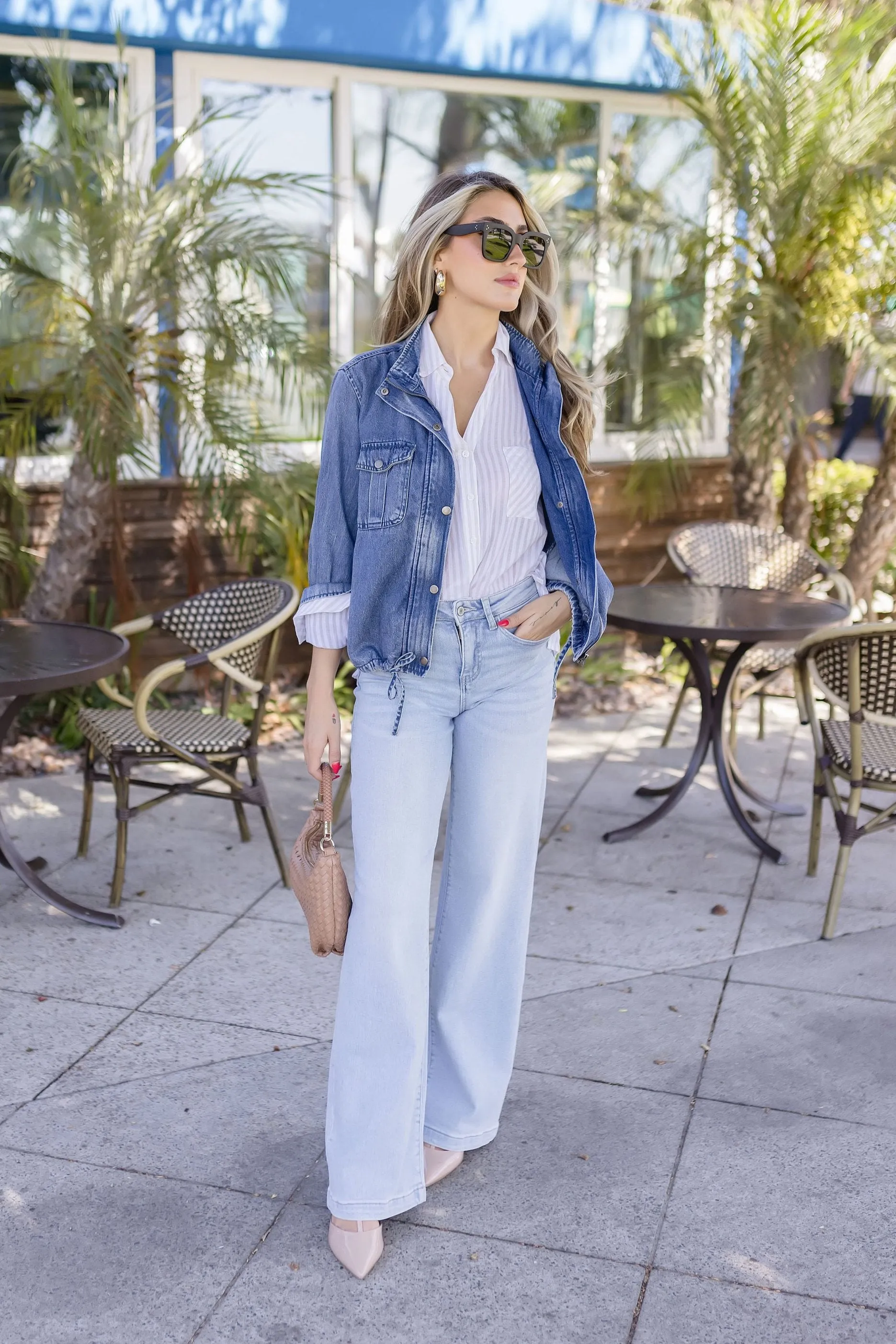 Hazel Long Sleeve Drawstring Utility Denim Jacket Medium Wash