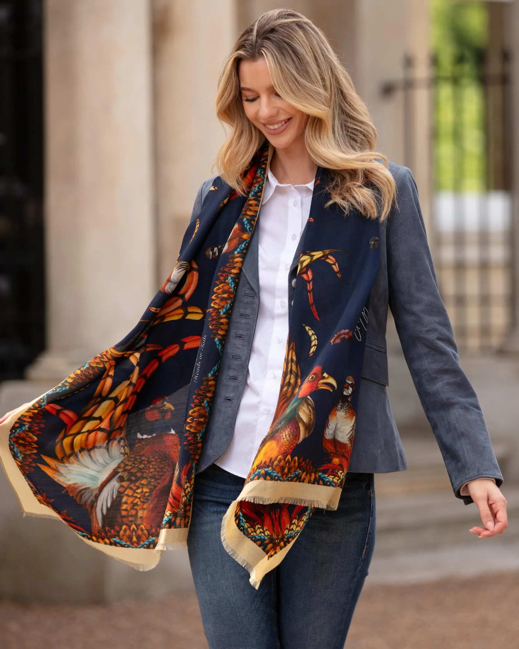 Heads or Tails Navy Blue Wool Silk Wrap Scarf
