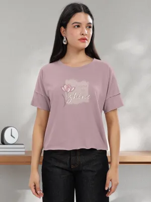 HELLCAT Mauve Printed Regular Fit Raw Edge Crew Neck Crop T-Shirt for Women