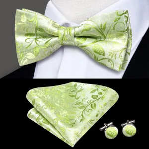 Hi-Tie Fresh Green Floral Pre-tied Bow Tie Hanky Cufflinks Pin Set