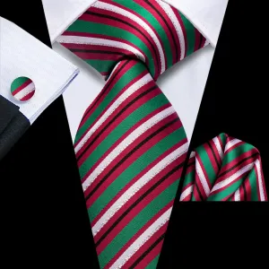 Hi-Tie Green Red White Striped Silk Men's Necktie Pocket Square Cufflinks Set