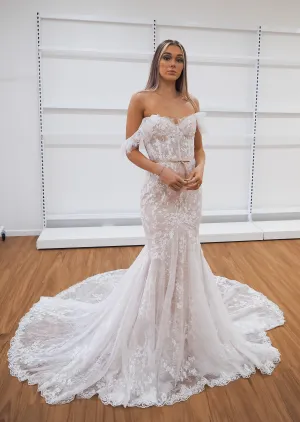 hidden bustier cups blush mermaid dress with long train for hire