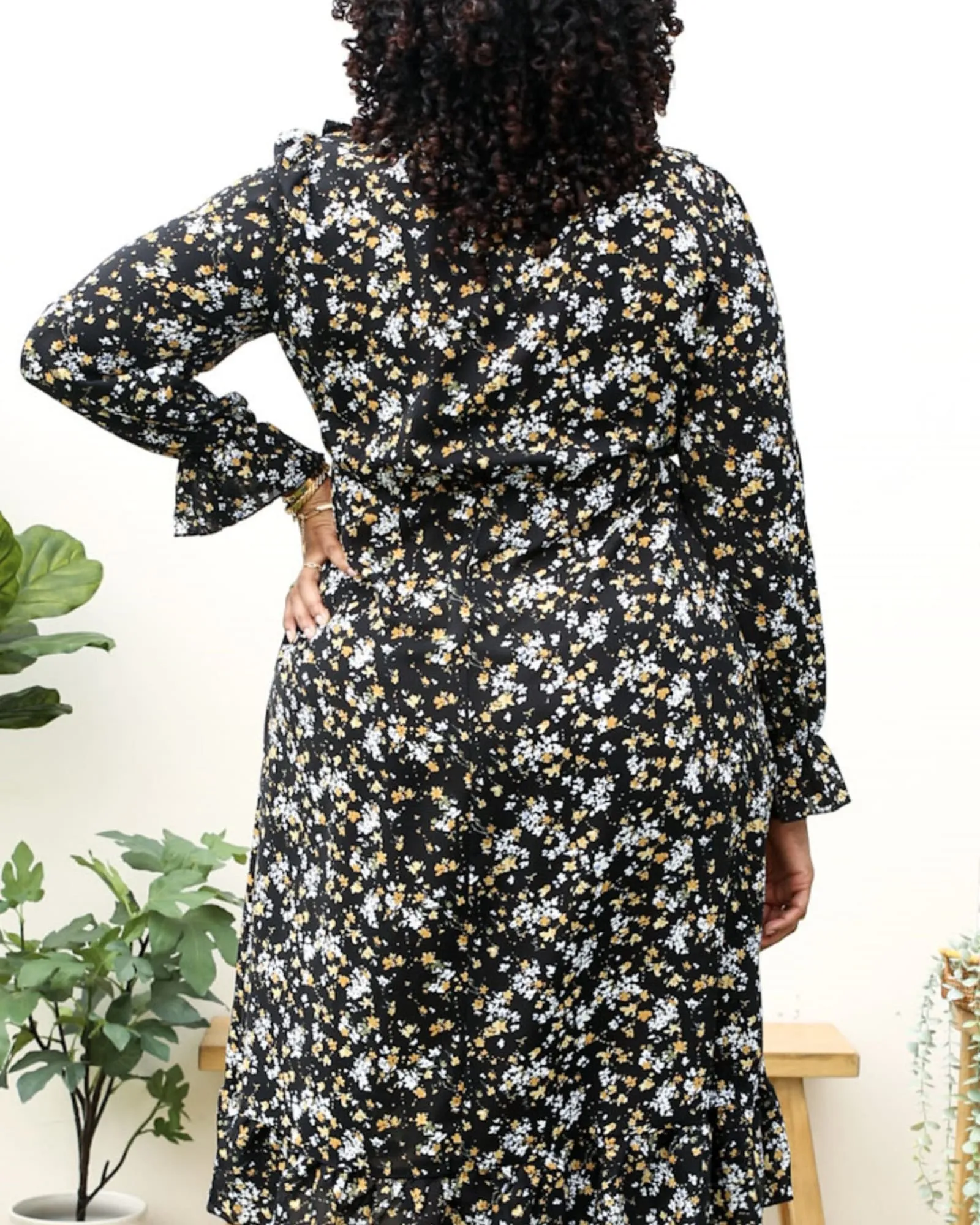 High Neck Ruffle Cuffs Floral Print Black Midi Dress | Black