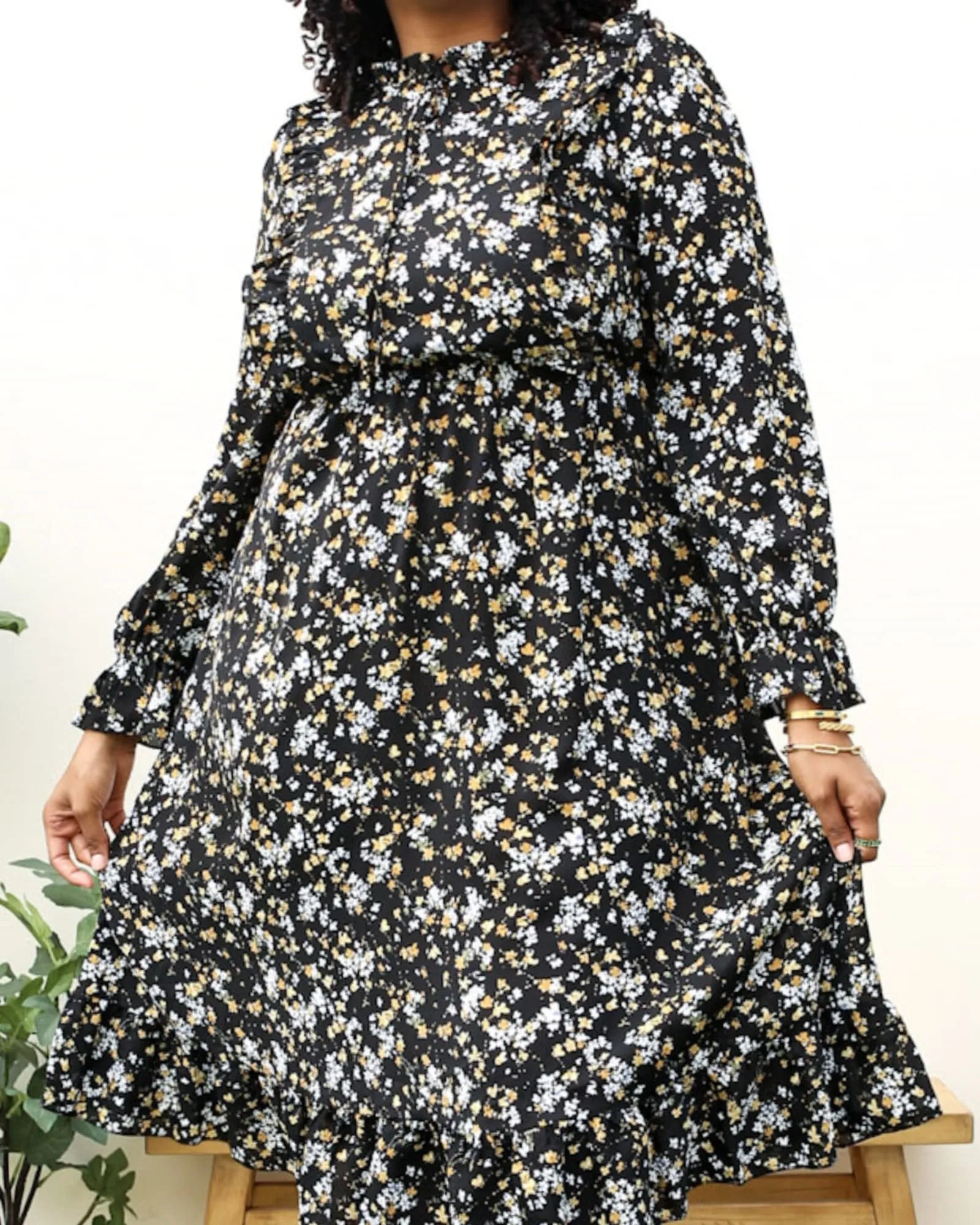 High Neck Ruffle Cuffs Floral Print Black Midi Dress | Black