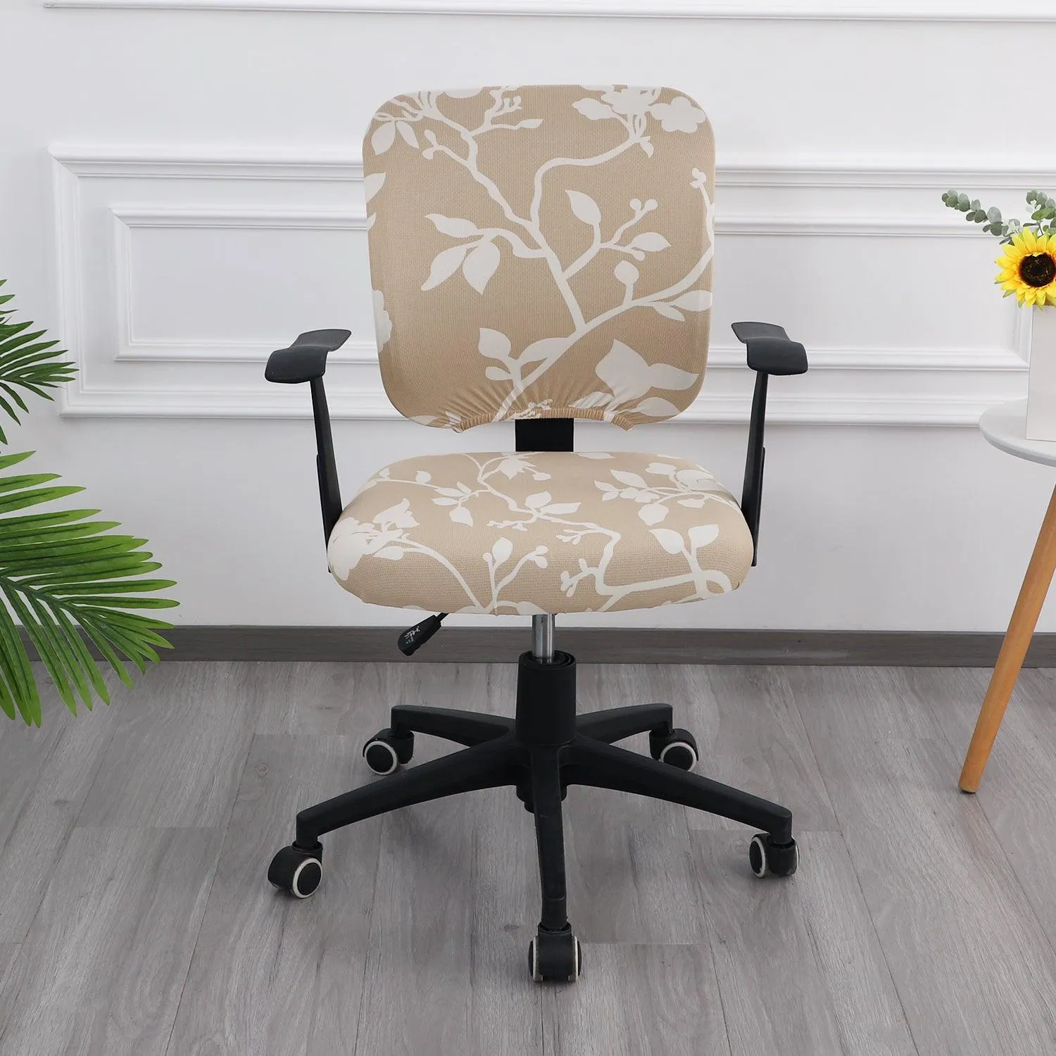 HOKIPO 140gsm Stretchable Office Chair Cover, Buff Brown Sillehoute Floral
