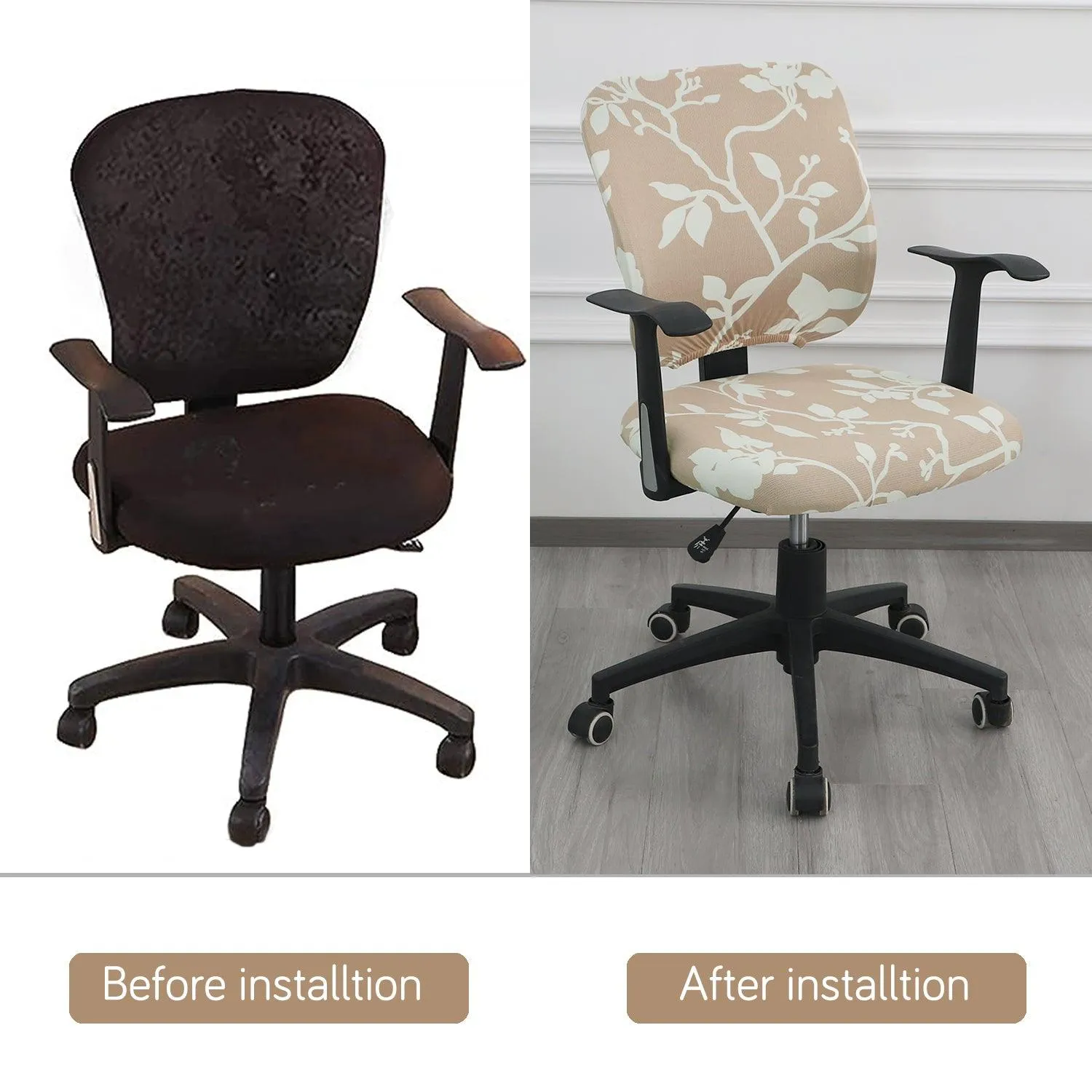 HOKIPO 140gsm Stretchable Office Chair Cover, Buff Brown Sillehoute Floral